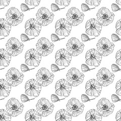 Flower popies graphic design. Cute seamless vector tile pattern. Retro vintage. line popie flower surface design.
