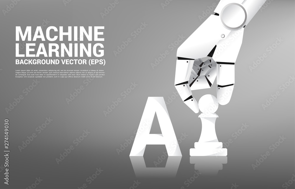 Poster Robot hand move chess piece to AI wording. Business concept for machine learning and a.i artificial intelligence