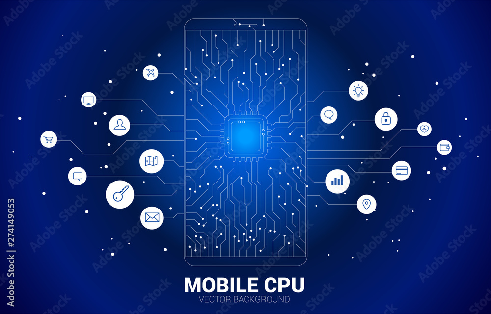 Aufkleber Vector CPU dot connect line circuit board style mobile phone icon. Concept for mobile phone technology and data network.