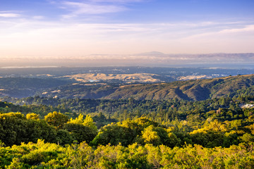 Sunset view from Skyline Highway towards Stanford University, Palo Alto and Menlo Park, Silicon...