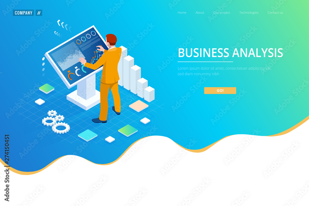 Poster isometric male in front of the big screen for data analysis. statistics and business statement, anal