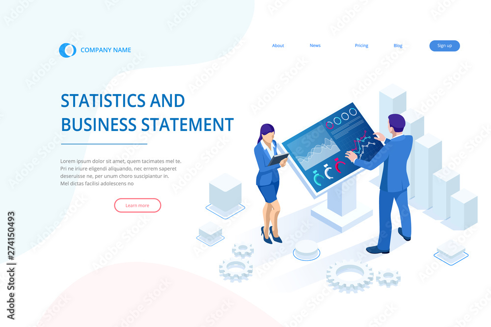 Poster isometric male in front of the big screen for data analysis. statistics and business statement, anal