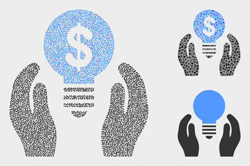 Pixel and mosaic dollar bulb care hands icons. Vector icon of dollar bulb care hands combined of random round dots. Other pictogram is composed from square dots.
