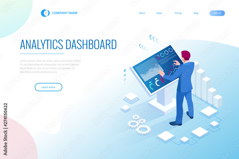 Poster isometric male in front of the big screen for data analysis. statistics and business statement, anal