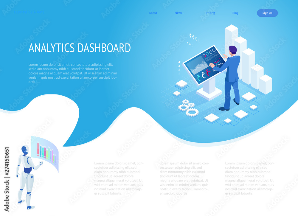 Poster isometric male in front of the big screen for data analysis. statistics and business statement, anal