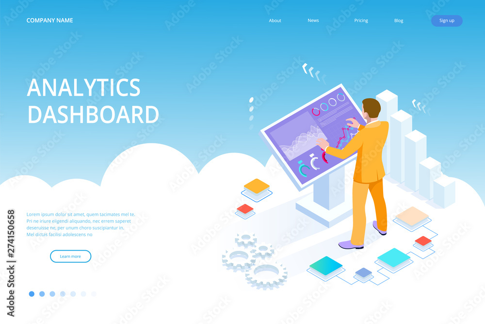 Poster isometric male in front of the big screen for data analysis. statistics and business statement, anal