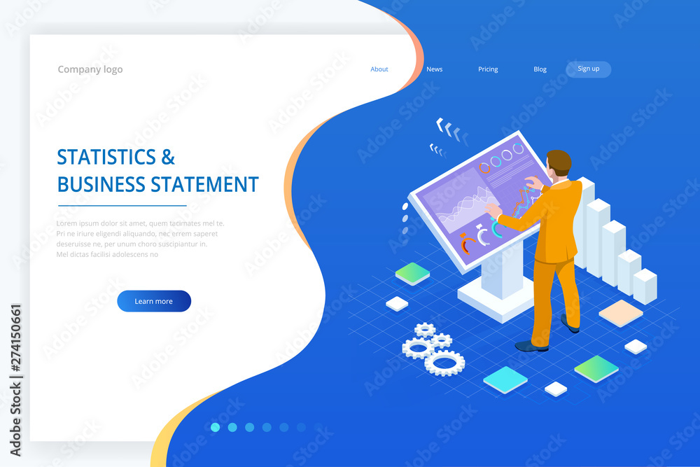 Poster isometric male in front of the big screen for data analysis. statistics and business statement, anal