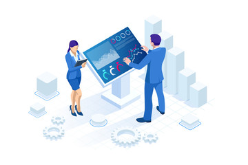 Isometric male in front of the big screen for data analysis. Statistics and business statement, Analytics dashboard, business analysis concept