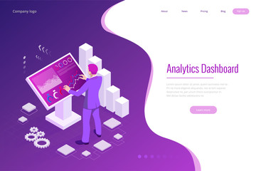 Isometric male in front of the big screen for data analysis. Statistics and business statement, Analytics dashboard, business analysis concept