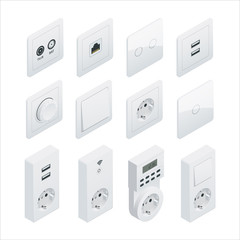 Isometric Switches and sockets set. All types. AC power sockets realistic illustration