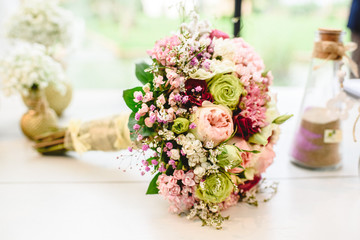 Elegant bridal bouquet with soft tones and very bright.