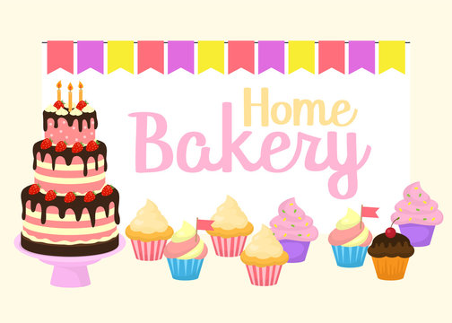 Home bakery vector illustration of birthday cake, capcake and sweets . Colorful party flags and letters. Design idea for poster, cards and advertisment.