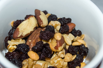 portion of oilseeds with Brazil nut, nuts, Soy and raisin in ramekin
