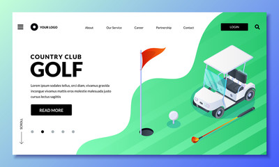 Golf club vector isometric illustration. Landing page or banner layout. Golf cart, ball, club on green field.