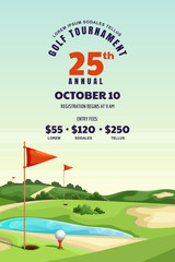 Golf tournament, poster, banner design template. Vector illustration of golf course. Summer landscape background - 274154401