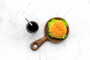 National american food concept with burgers on marble background top view