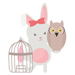 owl bird with rabbit and cage bohemian style