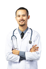 Fototapeta premium Asian male smiling doctor in white uniform standing with stethoscope.