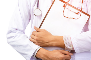 Asian male smiling doctor in white uniform standing with stethoscope.