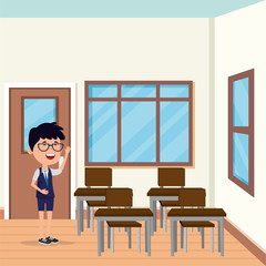 little student boy in the school scene