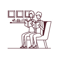 silhouette of couple with book in hands in living room