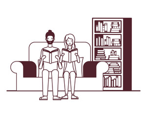 silhouette of couple with book in hands in living room
