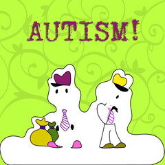 Conceptual hand writing showing Autism. Concept meaning Autism Awareness conducted by social committee around the globe Figure of Two Men Standing with Pouch Bag White Snow Effect