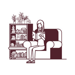 silhouette of woman with book in hands in living room