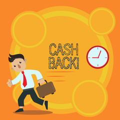 Writing note showing Cash Back. Business concept for incentive offered buyers whereby receive money after purchasing Man Carrying Briefcase Walking Past the Analog Wall Clock