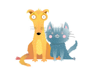 Cute cat and dog flat vector illustration