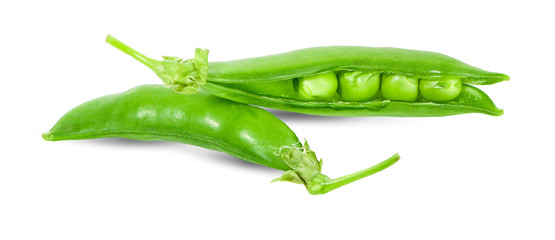 Fresh green pea pod with beans isolated on white background