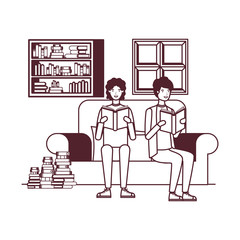 silhouette of men with book in hands in living room