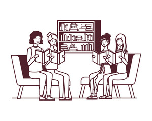 group of people with book in hands in living room