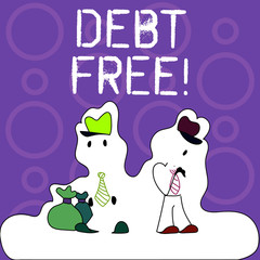 Handwriting text writing Debt Free. Conceptual photo does not owning any money or things to any individual or companies Figure of Two Men Standing with Pouch Bag on White Sticker Style Snow Effect