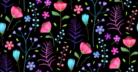 Panele Szklane  Kwiaty polne płaskie wektor wzór na Black