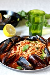 Pasta Spaghetti with mussels, tomato sauce. sea food meal. Mussels Marinara. Typical dish of Italian pasta.