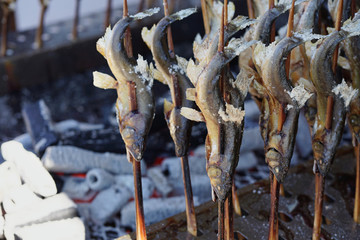 Ayu fish, Japanese grilled salt fish on the charcoal stove.