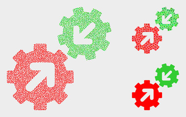 Dotted and mosaic integration gears icons. Vector icon of integration gears formed of randomized round elements. Other pictogram is created from elements.