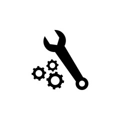Gear And Wrench Icon In Flat Style For App, UI, Websites. Black Icon Vector Illustration.