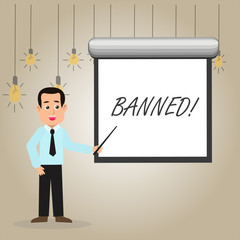 Writing note showing Banned. Business concept for Ban steroids, No excuse for building Muscles. Man in Necktie Holding Stick Pointing White Screen on Wall