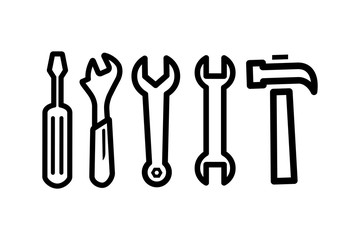 Wrench, Spanner, Screwdriver And Hammer Line Icon In Flat Style For App, UI, Websites