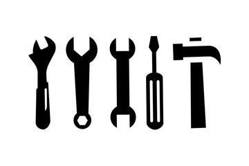 Wrench, Spanner, Screwdriver And Hammer Icon In Flat Style For App, UI, Websites. Black Vector Icon