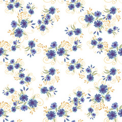 Vintage seamless pattern with field small blue flowers on white background. Flower vector. Romantic floral surface design. Spring landscape.