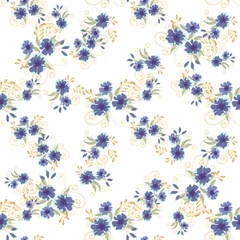 Fototapete Kleine Blumen Nahtloses Muster der Weinlese mit kleinen blauen Feldblumen auf weißem Hintergrund. Blumenvektor. Romantische florale Oberflächengestaltung. Frühlingslandschaft.