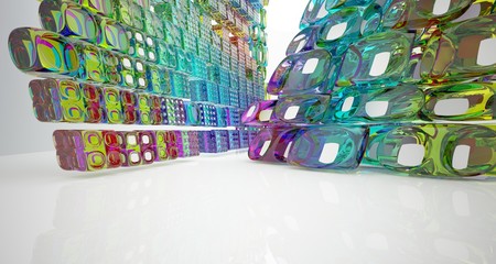 Abstract white and colored gradient glasses interior  with window. 3D illustration and rendering.
