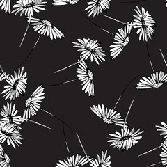 Flower graphic design. Cute seamless vector tile pattern. Retro vintage. line chamomile flowers design on black background.