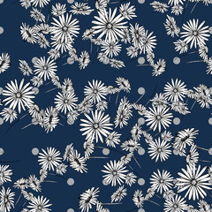 Flower graphic design. Cute seamless vector tile pattern. Retro vintage. line chamomile flowers design on black background.