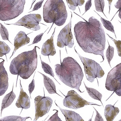 Watercolor seamless pattern with forest leaves. Lilac and brown