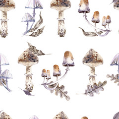 Watercolor seamless pattern with mystical mushrooms with eyes
