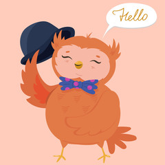 A cute owl takes off his hat. Postcard with the words hello. Vector illustration.